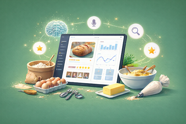 Baking journal app interface showing recipe tracking dashboard with voice notes, photo timeline, and AI analysis for bread and sourdough baking